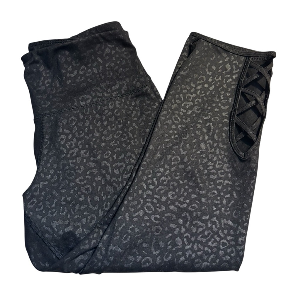 Half Moon Capri Leggings Small Black Shiny Leopard Print Strappy Cutout Design - Picture 2 of 14